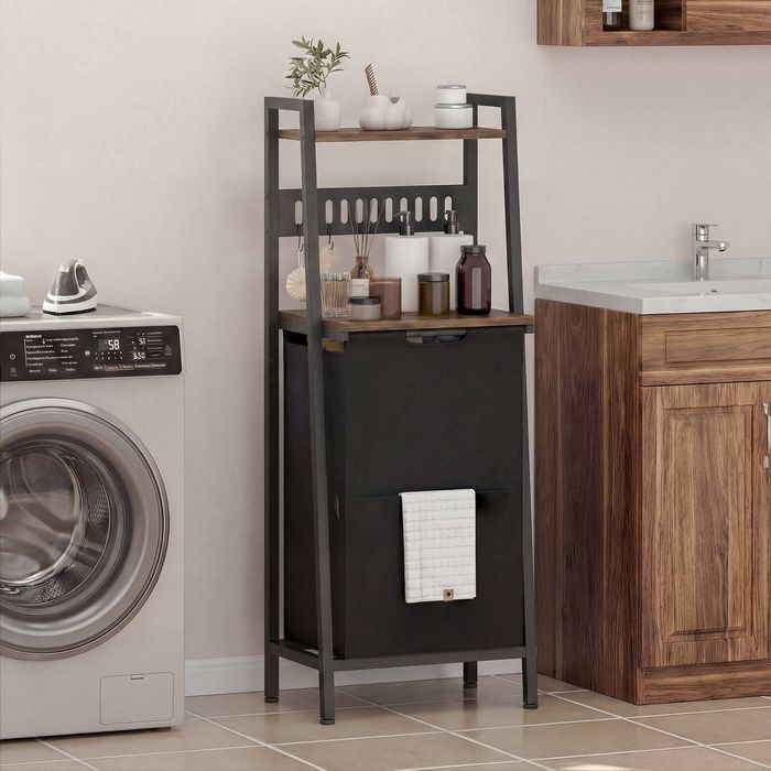 Ufurniture Laundry Hamper with 2-Tier Shelves, Hooks, 54L Laundry Basket with Wheels, Removable Inner Bag, Rustic Brown + Black