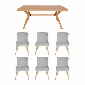 SK Designer Living | 7-Piece Dining Set | Doreen Wood Dining Table 180cm & Osaka Upholstered Chair | Natural - Light Grey Fabric