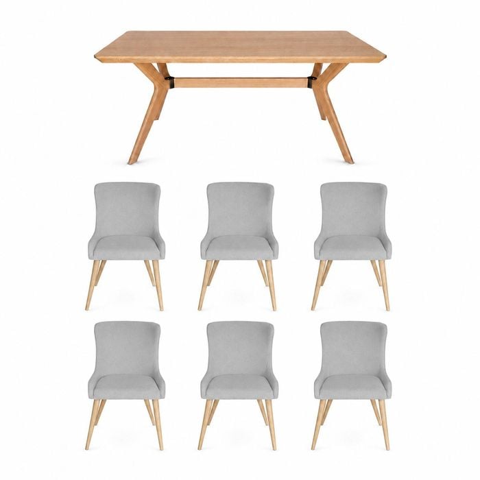 SK Designer Living | 7-Piece Dining Set | Doreen Wood Dining Table 180cm & Osaka Upholstered Chair | Natural - Light Grey Fabric