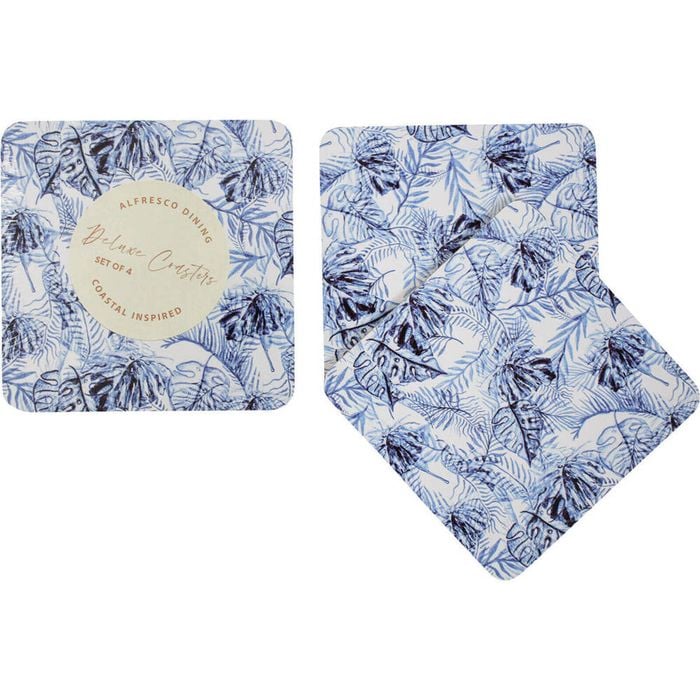 4pc LVD MDF/Cork Coasters Square 10x10cm - Blue Leaf Tropics