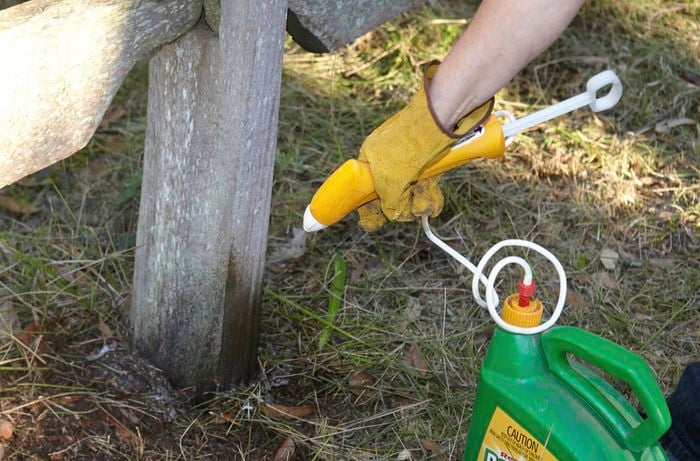 A person spraying weed killer beside a fence post
