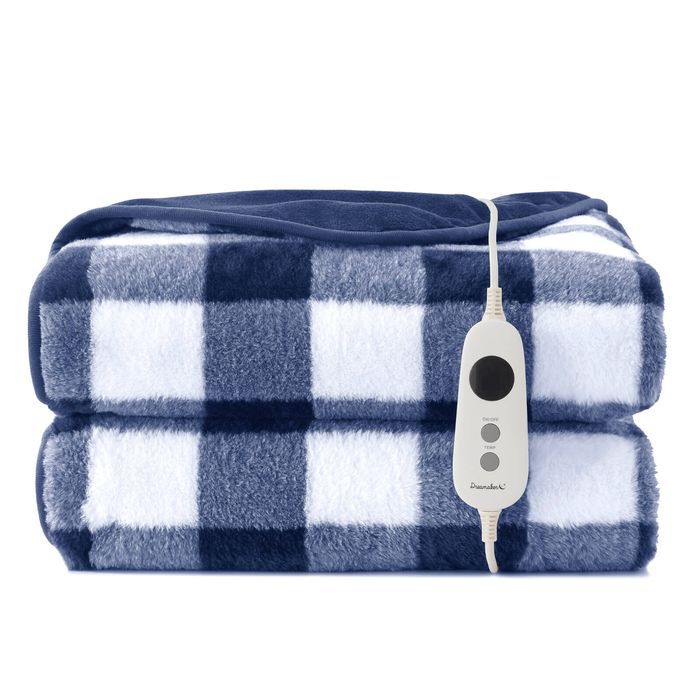 Dreamaker Gingham Plush Electric Heated Throw Blanket Midnight Blue - 180x200cm | Overheat Protection, 9 Heat Setting, Washable