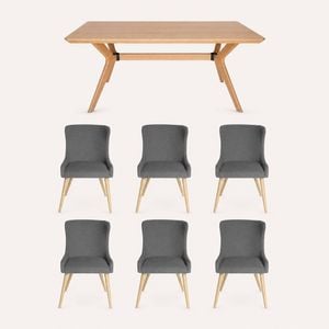 SK Designer Living | 7-Piece Dining Set | Doreen Wood Dining Table 180cm & Osaka Upholstered Chair | Natural - Grey Fabric