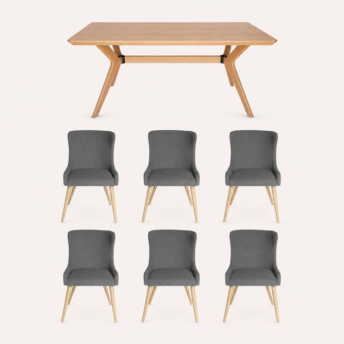 SK Designer Living | 7-Piece Dining Set | Doreen Wood Dining Table 180cm & Osaka Upholstered Chair | Natural - Grey Fabric