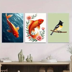 3pcs Floral & Bird Vibrant Orange Koi Print 100% Australian Made 3 x 40x60cm (Metal Print)