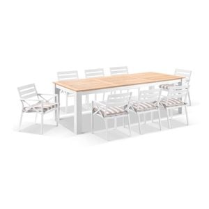 Balmoral 2.5m Teak Top Aluminium Table White With 8 Kansas Dining Chairs & Heather Beige Cushions