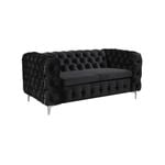 2 Seater Sofa Classic Button Tufted Lounge in Black Velvet Fabric with Metal Legs