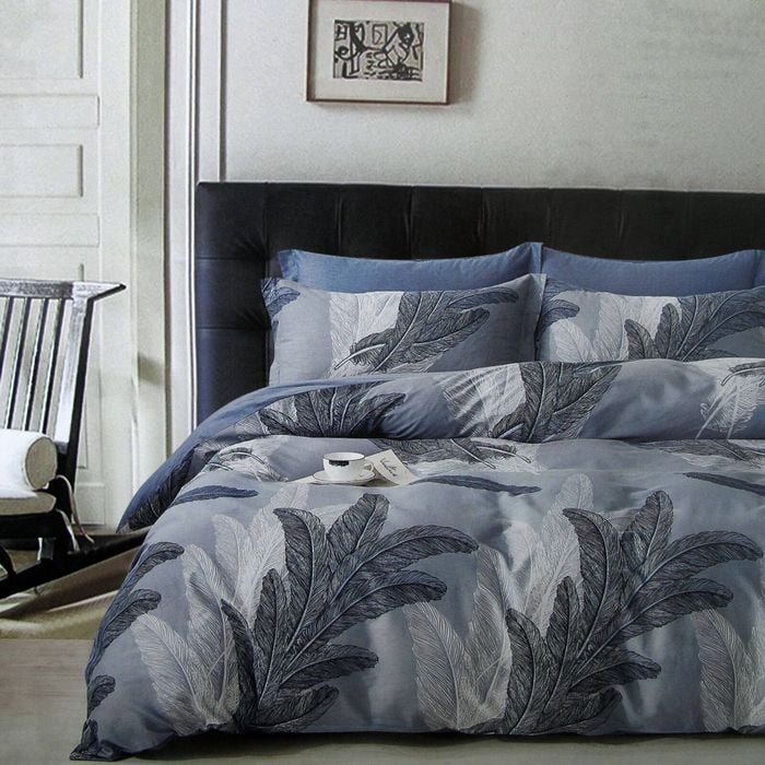 Bloomington 300TC Palm Leaf Blue Reversible Cotton Quilt Cover Set Queen