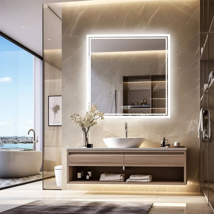 OAKORY 70cm Square LED Lighted Bathroom Mirror Wall Mounted Dimmable Anti-Fog Makeup Mirror