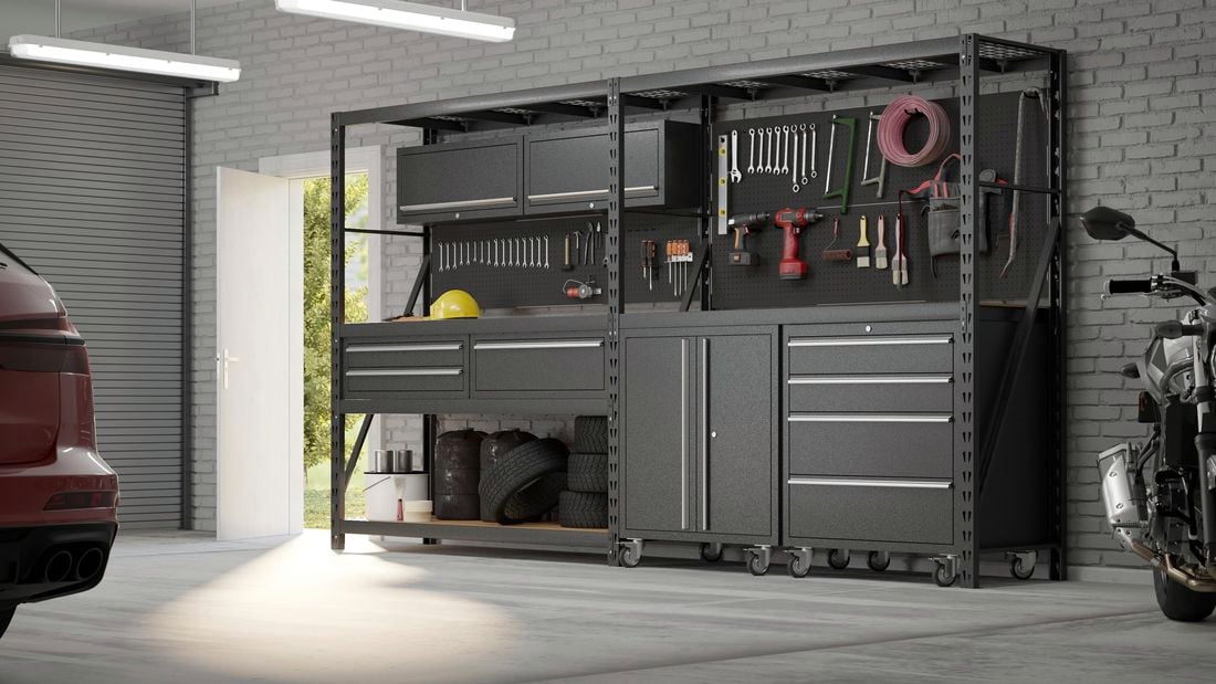 Garage with storage shelves.