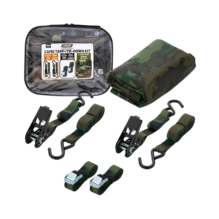 Grunt Camo Ratchet Straps, Cambuckle, & Tarp - 5 Piece Kit 