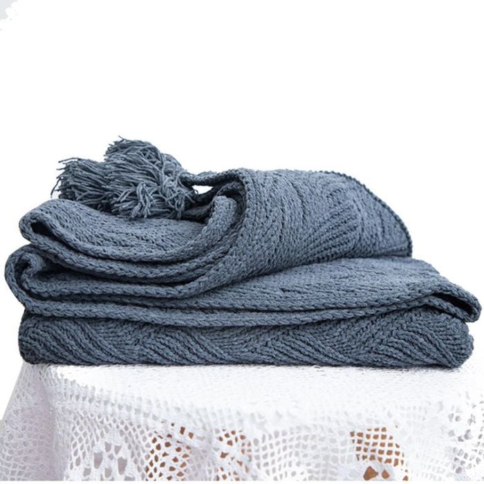 CottonMore New Acrylic Chenille Tassel Knitted Blanket Bed Sofa Throw Rug 130x160cm - Navy