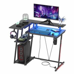 Advwin L Shaped 100cm Gaming Desk with LED Lights & Power Outlets Black