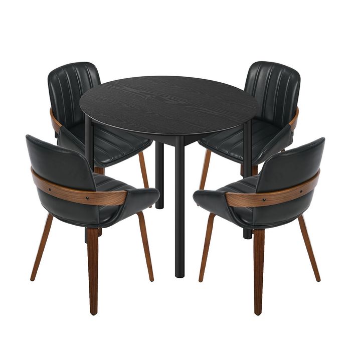 Oikiture 5PCS Dining Table Set 100cm Round Table 4 Faux Leather Dining Chairs