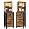 Ufurniture Bedside Table Set of 2  Tall Led Nightstand With Charging Station, 4 Drawers Living Room Rustic Brown