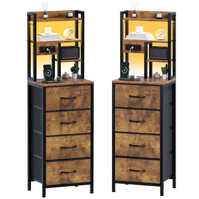 Ufurniture Bedside Table Set of 2  Tall Led Nightstand With Charging Station, 4 Drawers Living Room Rustic Brown