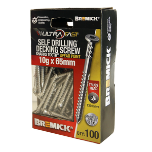 Bremick Ultrafast 10g x 65mm Stainless Steel 316 T20 Truss Head -100 Pack 