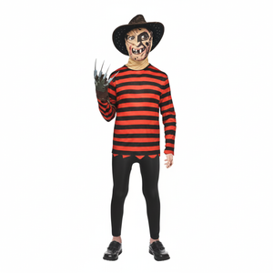 More Than Party Kids Halloween Killer Costume Red BLK Stripe Mask/Gloves 10-12y