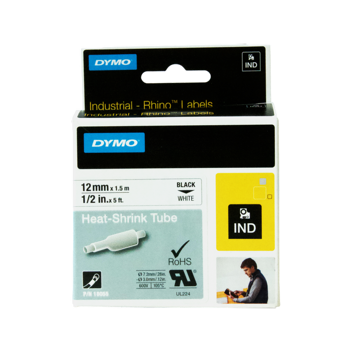 DYMO 12mm Black On White Heat Shrink Tube Rhino Industrial Labels