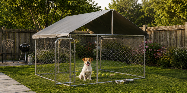 Pet enclosure with a weather-resistant canopy roof and chain-link fencing, providing a secure outdoor space for a dog in a backyard setting.