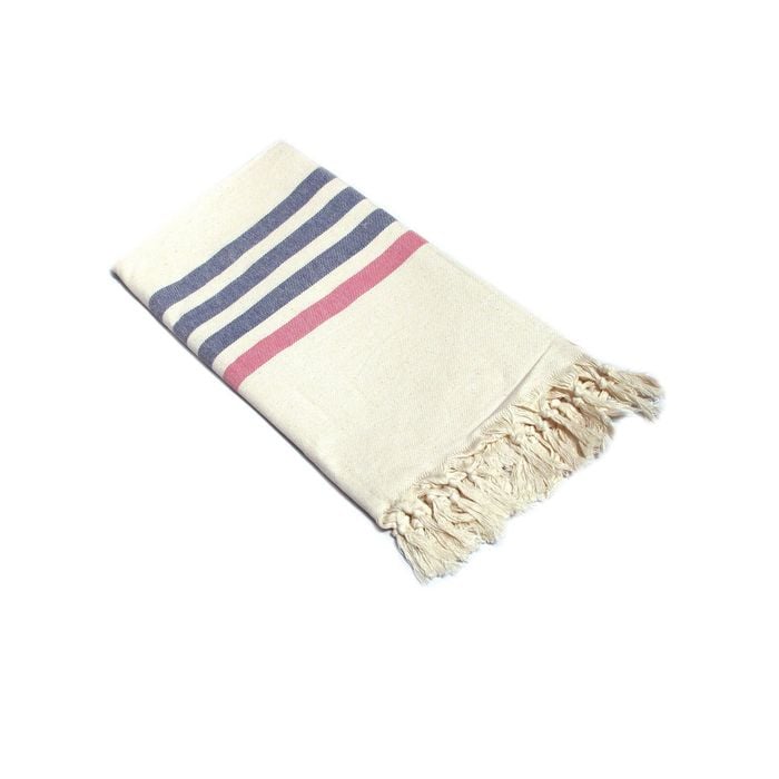 100% Cotton Fringe Turkish Towel 100 x 180 + 10cm Wide Stripes Navy Pink