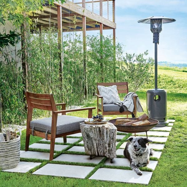 A dog, outdoor chairs and a patio heater outside.