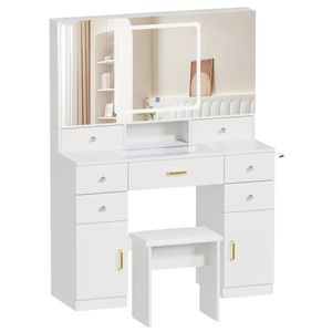 Ufurniture Makeup Vanity Desk Set w/ 3-Way Mirror & RGB Light, 9 Drawers 4 Cabinet Glass Top Charging Station White