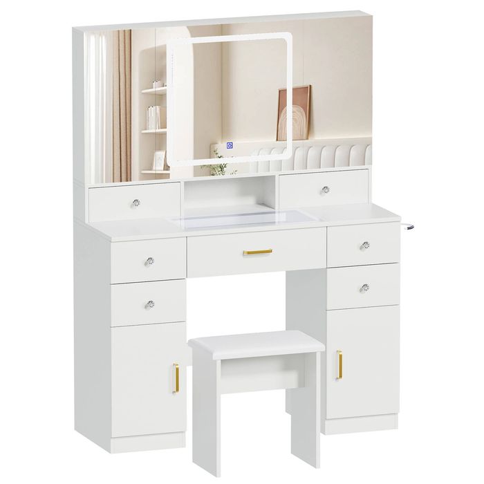 Ufurniture Makeup Vanity Desk Set w/ 3-Way Mirror & RGB Light, 9 Drawers 4 Cabinet Glass Top Charging Station White