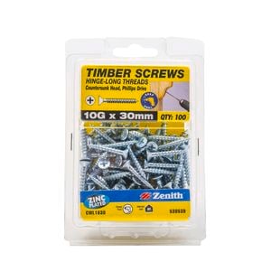 Zenith 10g x 30mm Hinge-long Thread Zinc Plated Timber Screws - 100 Pack