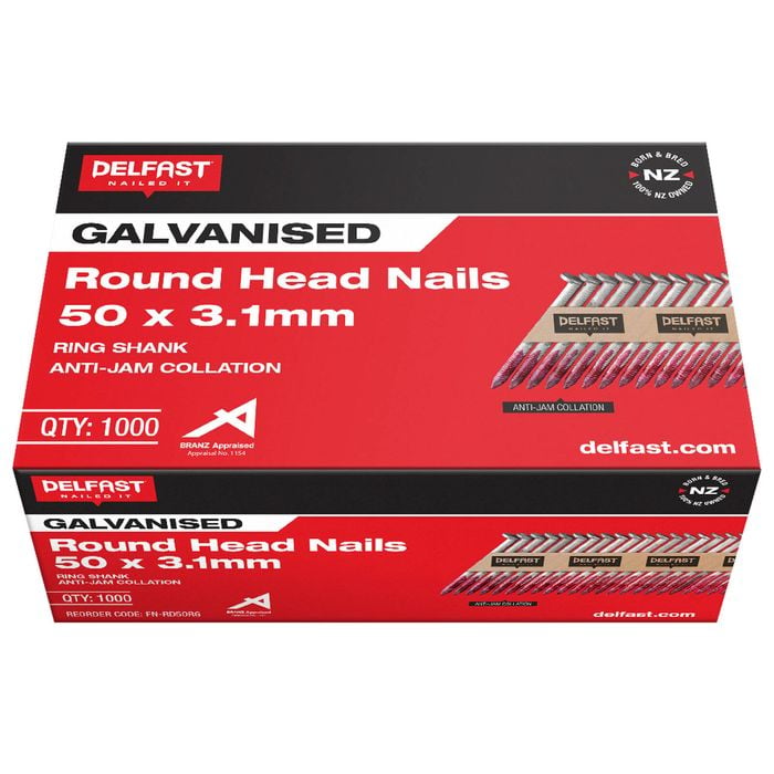 Delfast 50 x 3.1mm Roundhead Ring Galvanised Nails - 1000 Pack