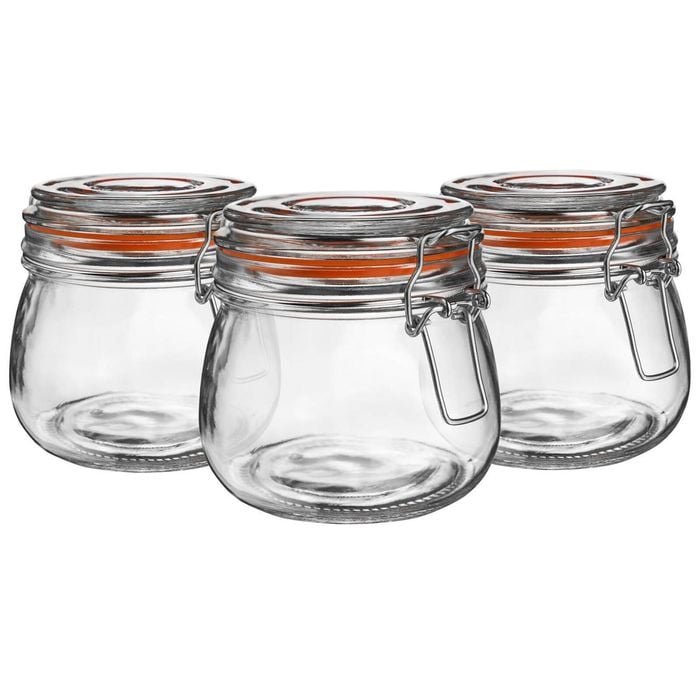 Argon Tableware Glass Storage Jars - 500ml/17.6oz - Set Of 6 - 4 Colour Seals Airtight Kitchen Storage Container Preserving Jar