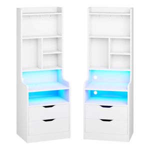 Advwin 2x Tall LED Nightstand with Charging Station, 3 Drawers, Bookshelf, 6 Storage Shelves & 3 Hooks, White