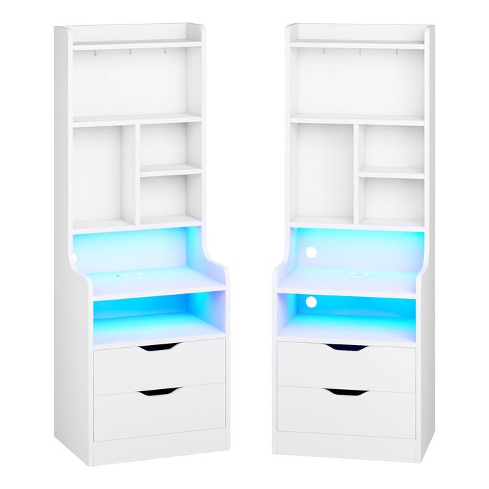 Advwin 2x Tall LED Nightstand with Charging Station, 3 Drawers, Bookshelf, 6 Storage Shelves & 3 Hooks, White