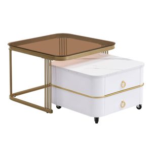 HOMFURN 2-Piece Coffee Table Set with 2-Drawer Rolling Storage Table and Gold-Tone Glass Top Table