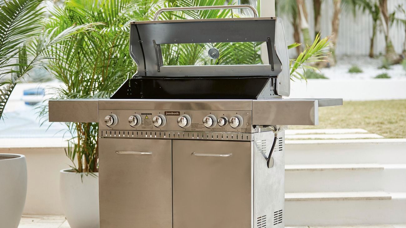 Jumbuck stainless steel barbecue in a backyard