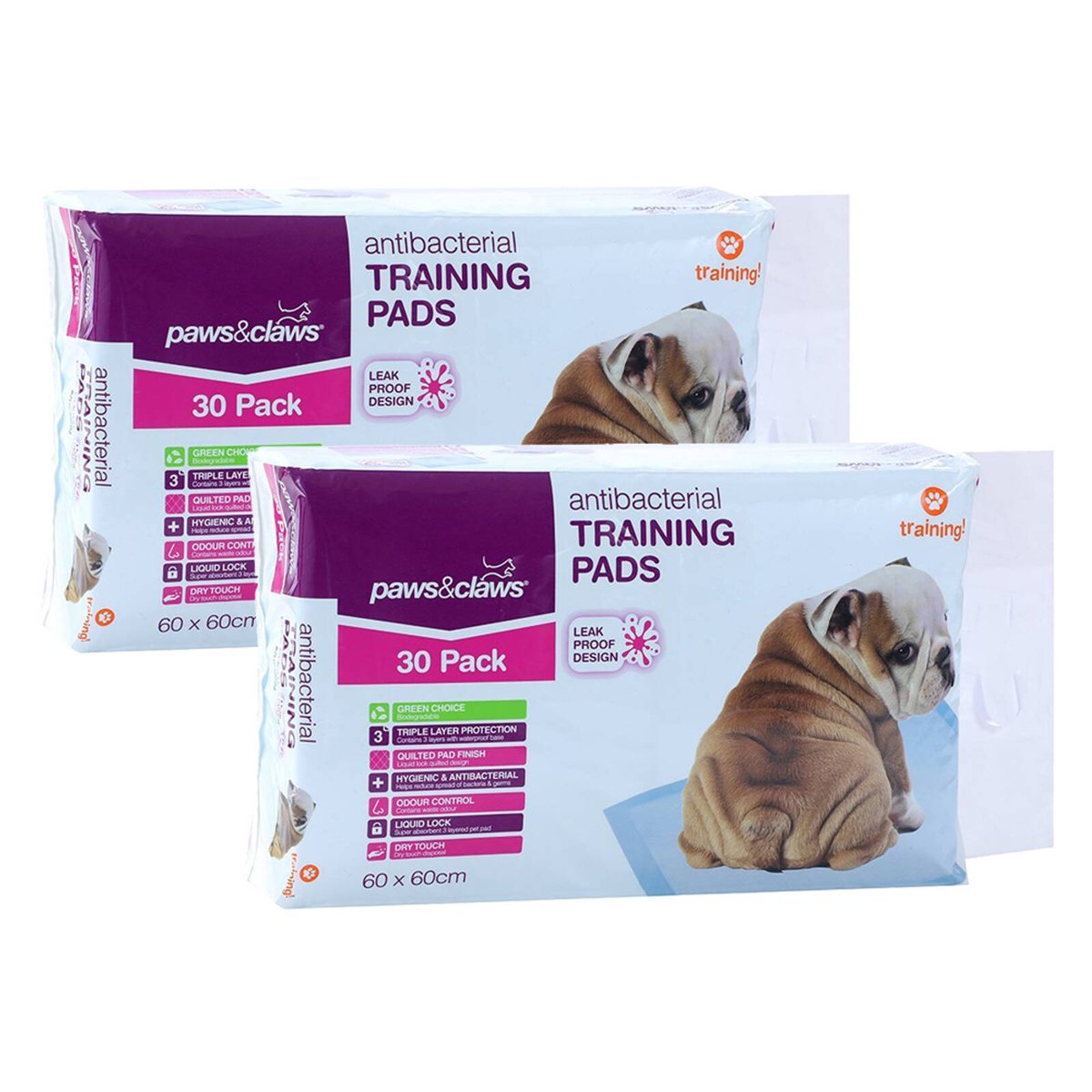 2x 30pc Paws And Claws 60x60cm Puppy Dog Pet Training Pads Antibacterial Bunnings Australia