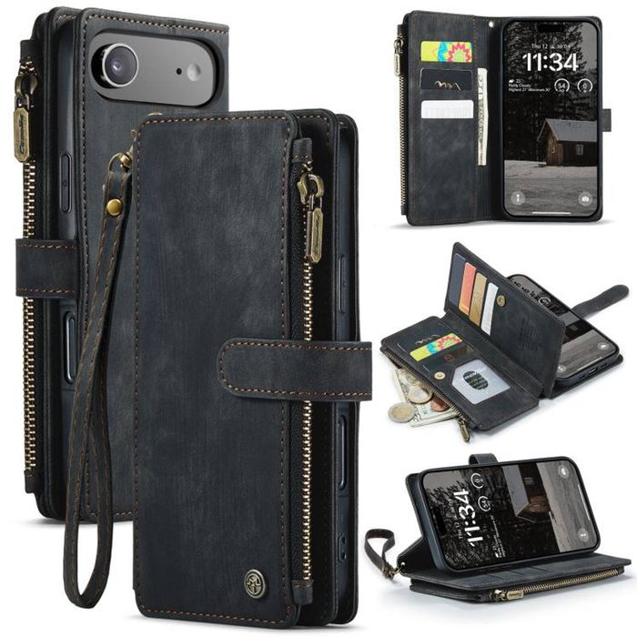 CaseMe C30 For Apple iPhone 17 Air Vintage Leather Folio Zipper Wallet Case and 7 Card Slots (Black)