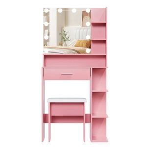 Ufurniture Makeup Vanity Desk with 10 LED Bulb Mirror Compact Dressing Table Stool Set Pink