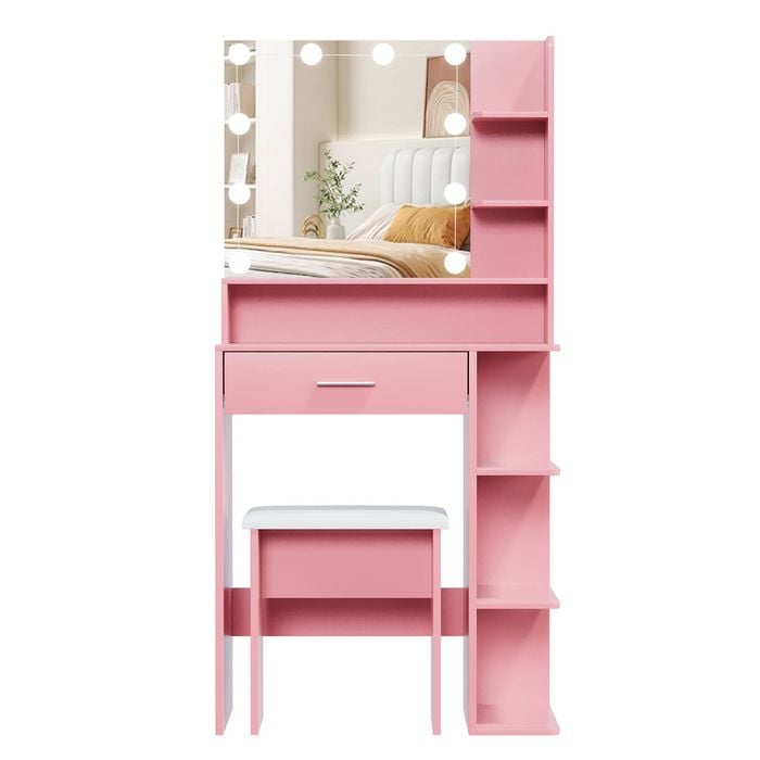 Ufurniture Makeup Vanity Desk with 10 LED Bulb Mirror Compact Dressing Table Stool Set Pink