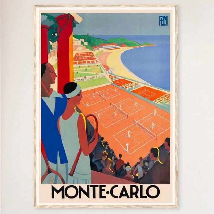 Galrie Monte Carlo Vintage Tennis Travel Poster - Perfect Wall Art for Any Space, Wood Frame, 70 x 100cm (28 x 40inch)