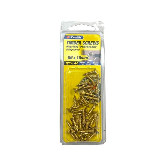 Zenith 6G x 16mm Brass Plated Hinge-Long Threads Countersunk Head Timber Screws - 40 Pack