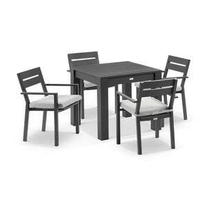 Santorini Outdoor 4 Seater Square Aluminium Dining Table Charcoal With Chairs & Textured Olefin Grey Cushions