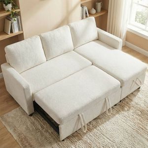 Advwin 3 Seater Sofa Bed 196cm Pull Out Chenille Storage Chaise Lounge Couch Beige