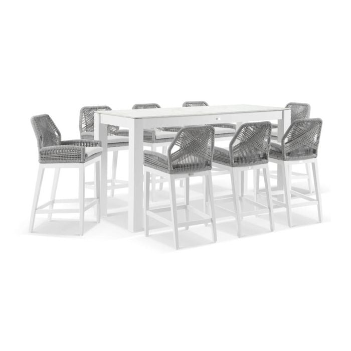 Hugo Outdoor Ceramic 2m Rectangle Aluminium Bar Table White With 8 Rope Stools & Textured Olefin Grey Cushions