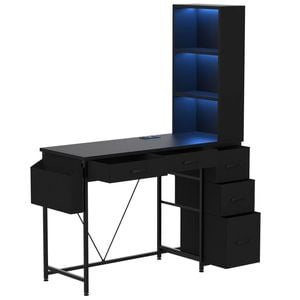 Ufurniture LED Gaming Desk with Bookshelf, 4 Drawers & File Cabinet, Reversible Corner Computer Desk for Study, Black
