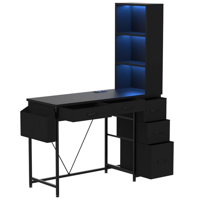 Ufurniture LED Gaming Desk with Bookshelf, 4 Drawers & File Cabinet, Reversible Corner Computer Desk for Study, Black