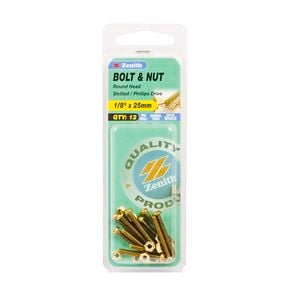 Zenith 1/8" x 25mm Solid Brass Round Head Bolt And Nut - 12 Pack