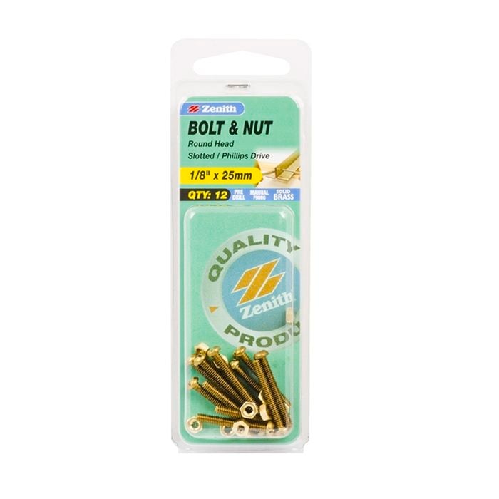 Zenith 1/8" x 25mm Solid Brass Round Head Bolt And Nut - 12 Pack