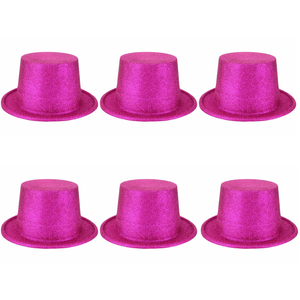 6x Glitter Top Hat Fancy Party Plastic Costume Tall Cap Fun Bulk Hot Pink