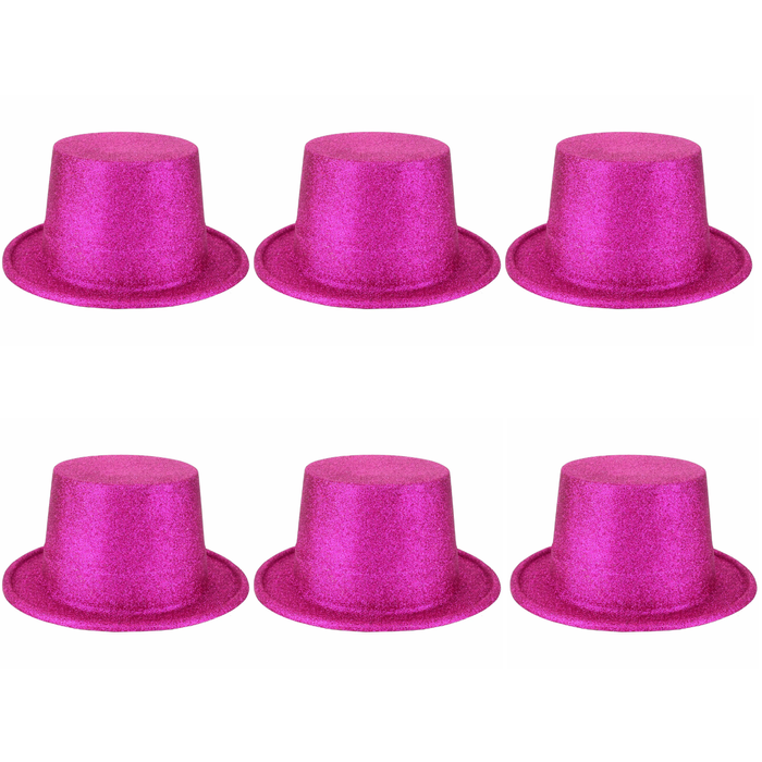 6x Glitter Top Hat Fancy Party Plastic Costume Tall Cap Fun Bulk Hot Pink